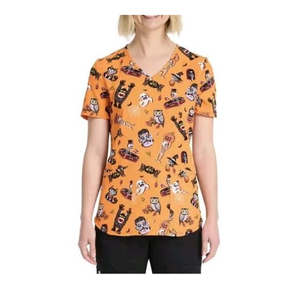 2XL Scrubstar Halloween Fright Friends Women's V-Neck Print Scrub Top New - Picture 1 of 6